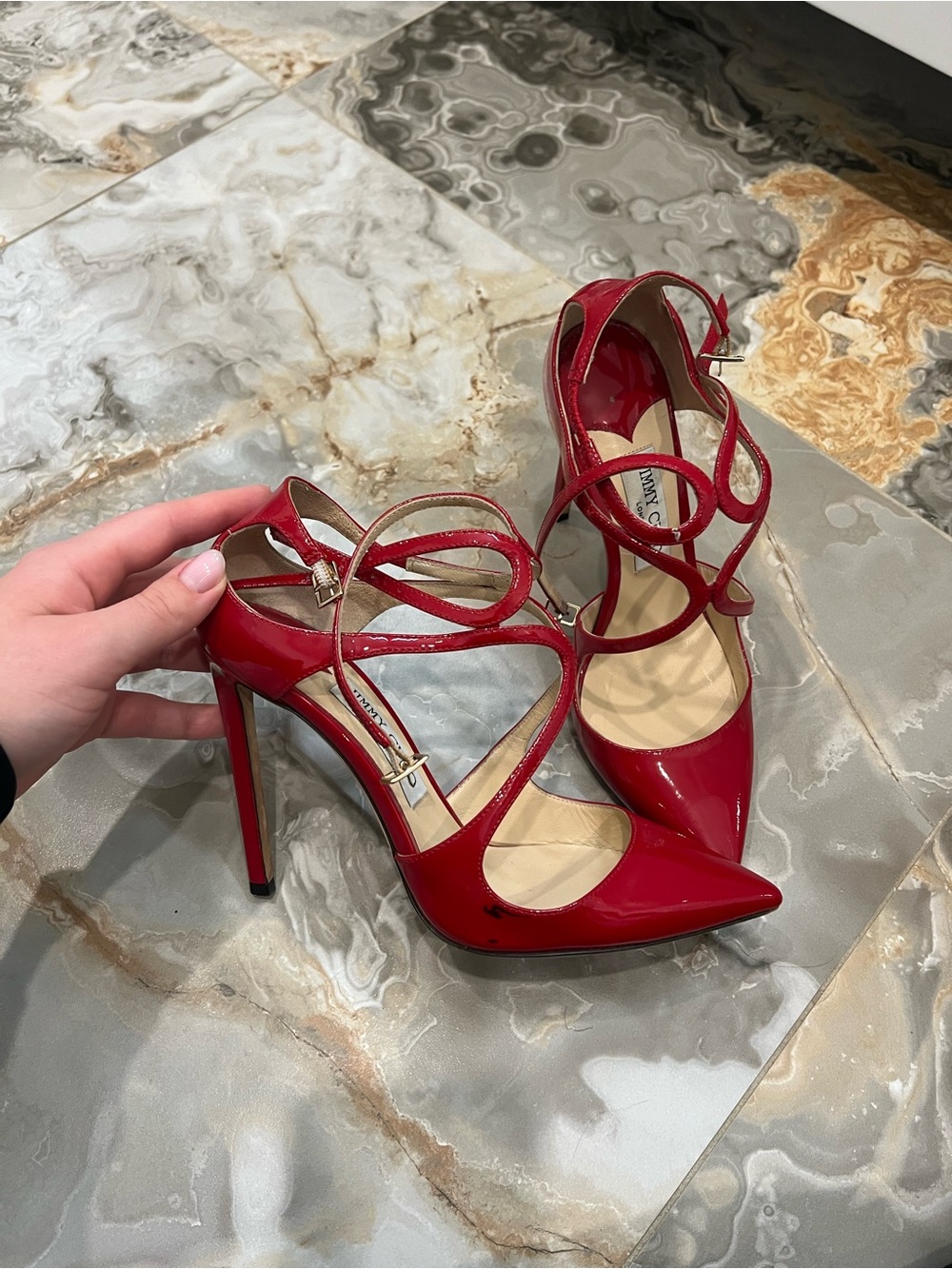 Jimmy Choo Red Patent Lancer Stiletto Pumps - Women